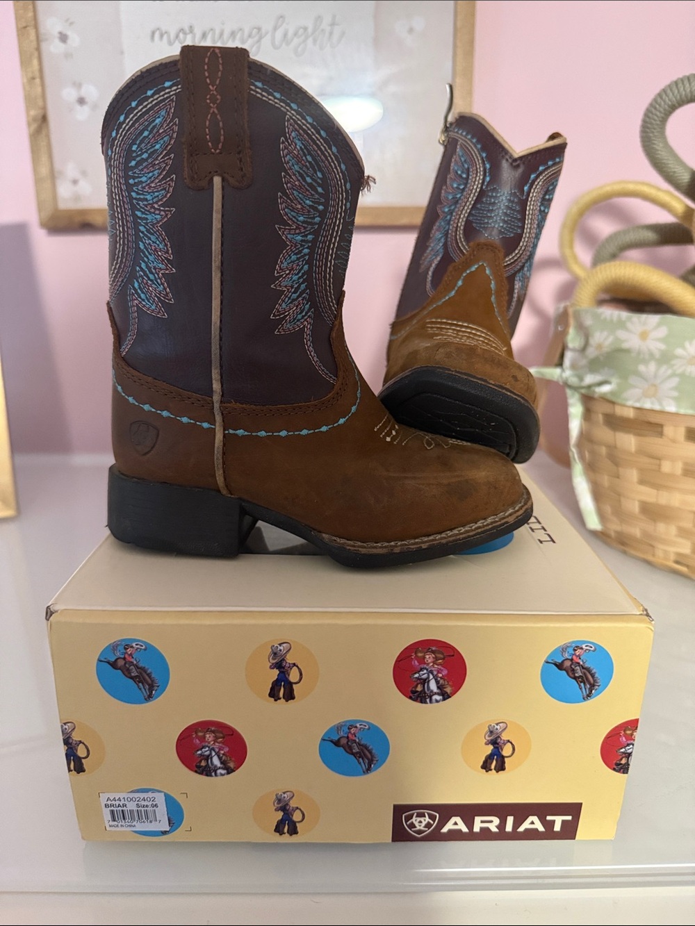 Ariat Brown Leather Kids Western Boots with Turquoise Stitching